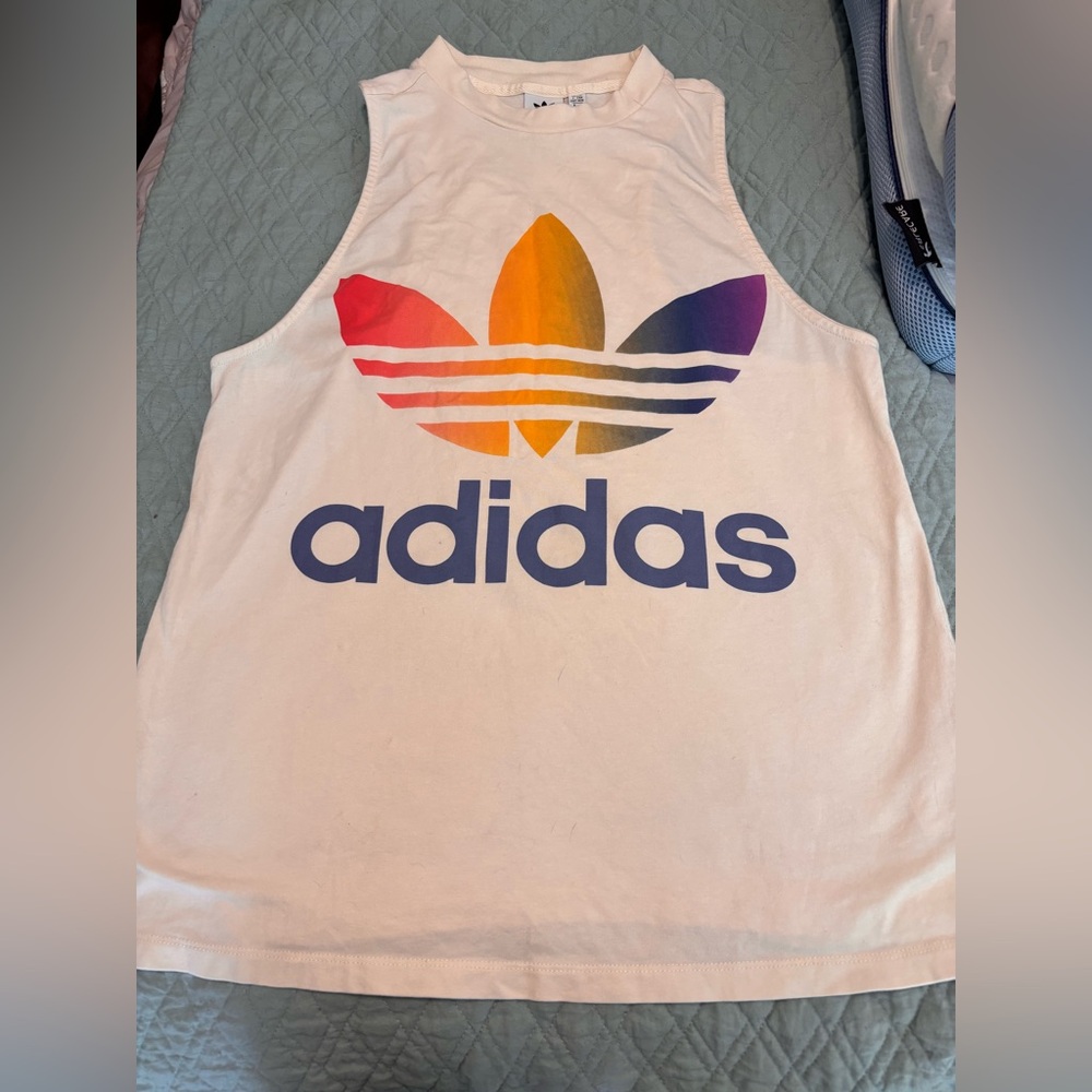 adidas White Tank Top with Rainbow Trefoil Tag